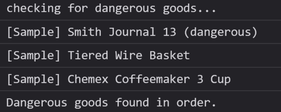 Browser developer console showing the dangerous goods check logging cart item names on the BigCommerce checkout page.
